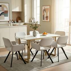 Homy Casa Slip 7PC Dining Set 55” White Marble Finish Table with Gold Base and 6 California Fabric Chairs in Beige