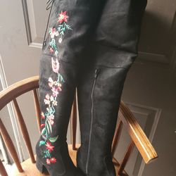 Thigh High Black Suede-like Embroidered Boots