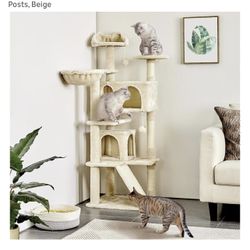 57 inches Cat Tree for Indoor Cats, Multi-Level Cat Tower w/ 3 Perches, 2 Cat Condos, 2 Hanging Balls and Scratching Posts, Beige
