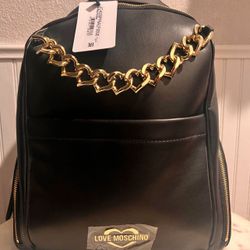 Love Moschino Black Backpack w/ Gold Heart Chain Borsa Pu Nero