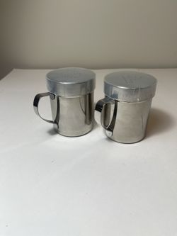 2 Pcs Stainless Steel Salt Pepper Shakers Handles + Covers Seasoning Metal NIB great gift!