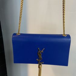 Saint Laurent Blue Calfskin Leather Tassel Bag