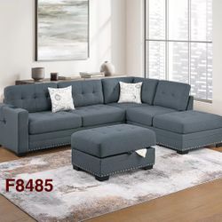 GREY REVERSIBLE CHAISE SECTIONAL WITH STORAGE OTTOMAN 
