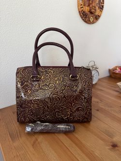 Brand New Vintage Style Embossed Floral Satchel Bag (Burgundy & Gold)