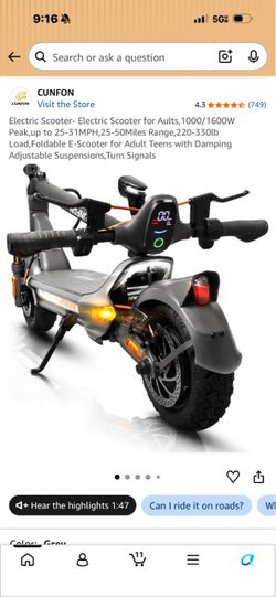 CUNFON Electric Scooter – 1000W/1600W Peak – Needs Tire Repair