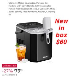 New Ice Maker Countertop, Portable Ice Machine with Carry Handle, Self-Cleaning Ice Makers with Basket and Scoop, 9 Cubes in 6 Mins, 26 lbs $60