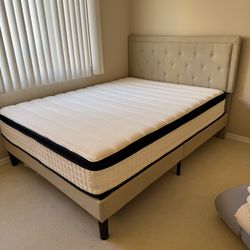 Queen Size Upholstered Bed Frame and Mattress Very Clean and Excellent Condition