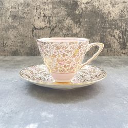 Vtg Royal Stafford Bone China England Tea Cup Saucer Pink Gold Gilt Footed c1940