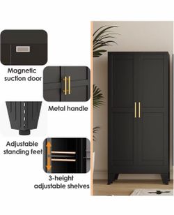 E) 47" Kitchen Pantry Cabinet, Metal Storage Cabinet with 3 Adjustable Layer Shelves, 8 Door Shelves, Buffet Sideboard for Living Room, Kitchen, Black