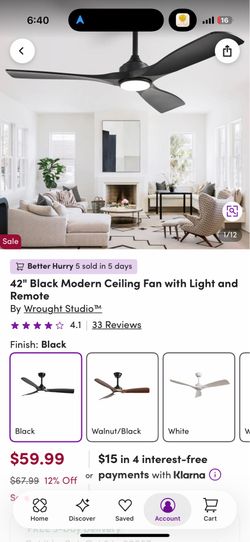 42” Black Modern Ceiling Fan with Light & Remote