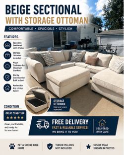 Beige Sectional with Storage Ottoman & Throw Pillows – FREE DELIVERY