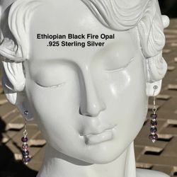 Ethiopian Genuine Black Faceted Fire Opal .925 Sterling Earrings. GORGEOUS