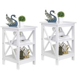 Set Of 2 White Finish Wooden X-Design Chair Side End Table with 3-tier Shelf