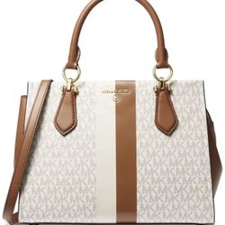 Michael Kors Marilyn Medium Logo Stripe Satchel Bag Vanilla Acorn