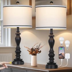 Black Lamps Set of 2 with USB A+C Ports