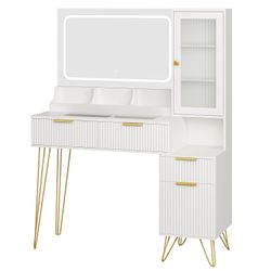 43" Vanity Desk with Mirror and Lights, Makeup Vanity Table with 4 Drawers, White Dressing Table for Bedroom, Fluted Makeup Desk with Modern Glass Top