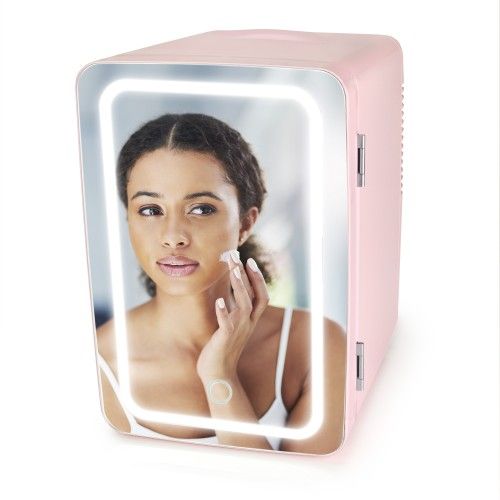 Personal Chiller Mini Fridge with LED Lighted Mirror Door, 6L - Pink