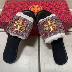 AUTHENTIC/NEW TORY BURCH EVERLY SLIDES IN MULTI TWEED ( SIZE 5)