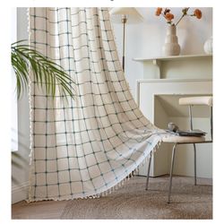 Deeprove Boho Curtains 84 Inches Long for Bedroom, Cotton Linen Plaids Turquoise Embroidery Semi Blackout Bohemian Farmhouse Window Treatment Grids Dr