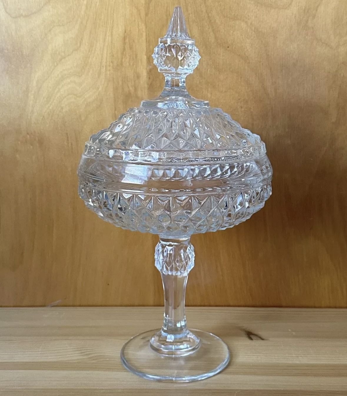 Vintage Indiana Glass Diamond Point 12” Tall Footed Candy Dish w/ Lid USA