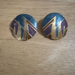 Purple, Turquoise, And Gold Tone Large Pierced Earrings 