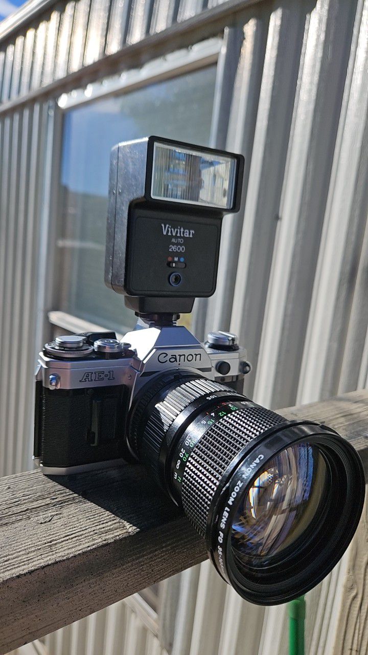 Canon Ae1 Camera, Vivitar Flash & Multiple Lenses