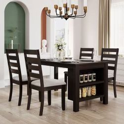 Farmhouse Dining Table,Wood Rectangular Dining Table with 2-Tier Storage Shelves,Easy Assembly
