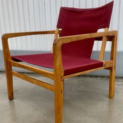 Mid-century 1940’s danish oak frame w/ red canvas safari lounge Chair