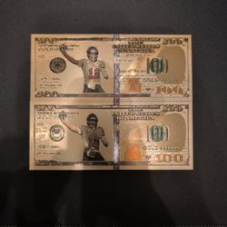 Tom Brady 24k Gold Foil  novelty $100 bills featuring an image of Tom in a Tampa Bay Buccaneers uniform. 