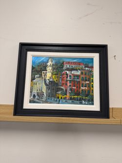 Vibrant European Cityscape Oil Painting in Custom Aaron Brothers Frame