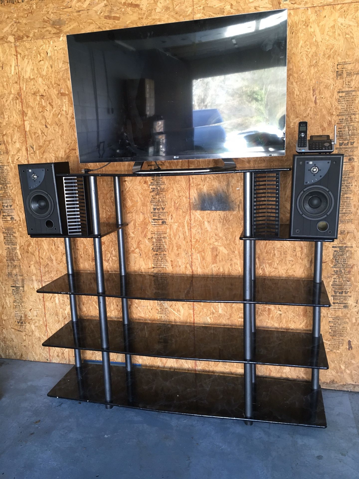 5 FT TALL USED TV STAND PLUS SPEAKERS FOR SALE!
