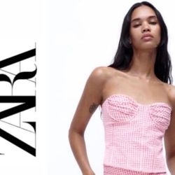 Zara NWT Strapless design Cotton Stretchy GINGHAM CORSET BARBIE Pink  TOP L