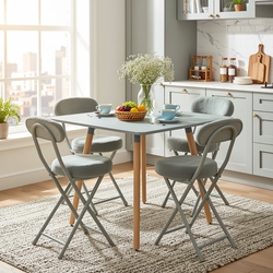 Homy Casa Rookie 5PC Dining Set 31.5” Square Grey Table with 4 Ernst Faux Fur Upholstered Folding Chairs Padded Seat in Grey