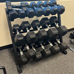 (New In Box) 5-50lb Rubber Hex Dumbbells With 3 Tier Dumbbell Rack Weights - Click On Out Profile For More Gym Equipment Via 