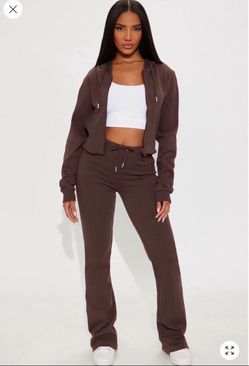 Brown Cropped Zip-Up Hoodie and Flare Pants Set