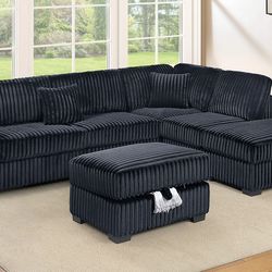 Sectional Sofa W Ottoman, Reversible Chaise, Built in shelf, Black  Fur like Jumbo Corduroy fabric, New Especial price