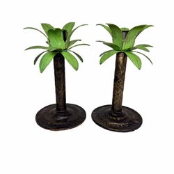 Set Of 2 Palm Tree Metal Taper Candle Holders Tropical Hollywood Regency Antiqued Finish.