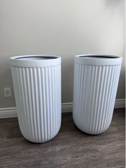 Set Of 2 White Fluted Fiberglass Tall Planter