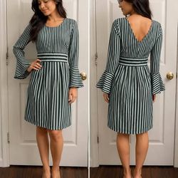 Black & Blue Striped Bell Sleeve Knee-Length Dress – Flared Skirt