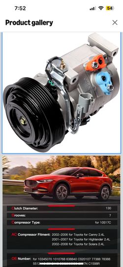 AC compressor for a 2001 - 2007 Toyota Highlander 2.4L