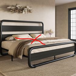 Full Size Metal Bed Frame with Wooden Headboard and Footboard, Heavy Duty