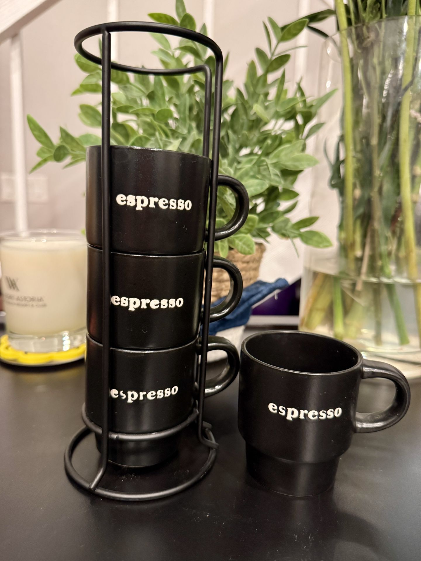 Black stackable espresso coffee cups with stand