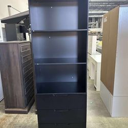 Black Storage Cabinet Bookcase with 3 Drawers, Tall Kitchen Pantry Bookshelf