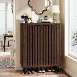 6-Tier Shoe Cabinet with Louvered Doors, Large Wooden Shoe Storage Cabinet with Adjustable Shelves for Entryway, Hallway, Dark Walnut