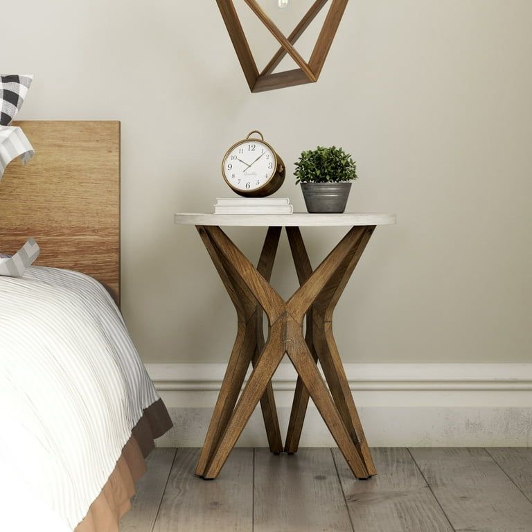 Pedestal Farmhouse End Table, Distressed White Top with Tripod Base for Modern Farmhouse, Boho Decor, Round