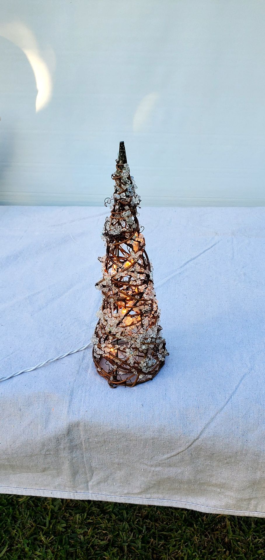 13" Christmas Tree made from Tree Branches with a Inner Metal Frame & lights, and Clear Round Beads