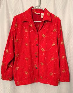 VTG Draper's & Damon's Red Crinkle Embroidered Holiday Jacket Size M Inside Pocket