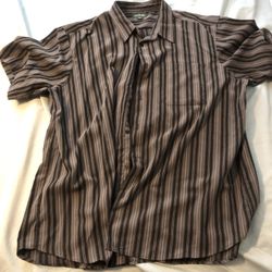 Men’s button up dress shirt, black, tan, and white stripe,  David Taylor luxury microfiber, 3XL, short sleeved 
