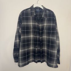 VTG Polo Ralph Lauren Steward Silk Flannel Shirt L Black Pony Loop Shadow Plaid