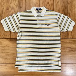 😬 White Yellow Striped Mens LARGE Ralph Lauren POLO SPORT Short Sleeve Collared Vintage Golf Dress Shirt